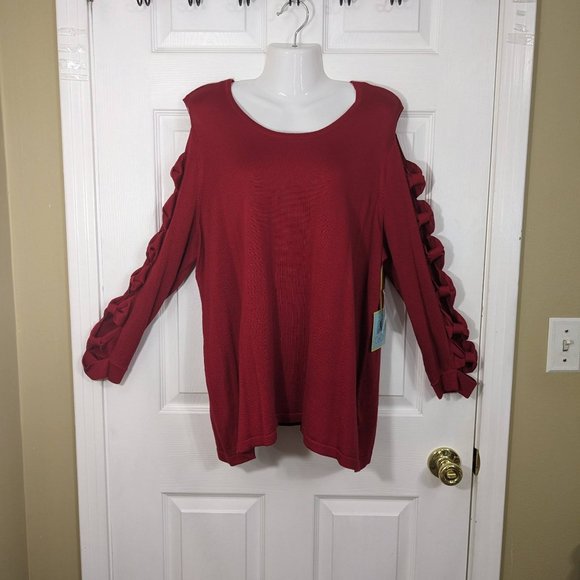 CeCe Really Red 3/4 Sleeve Cut-Out Bows Crewneck Sweater - size 2X NWT - Picture 3 of 10
